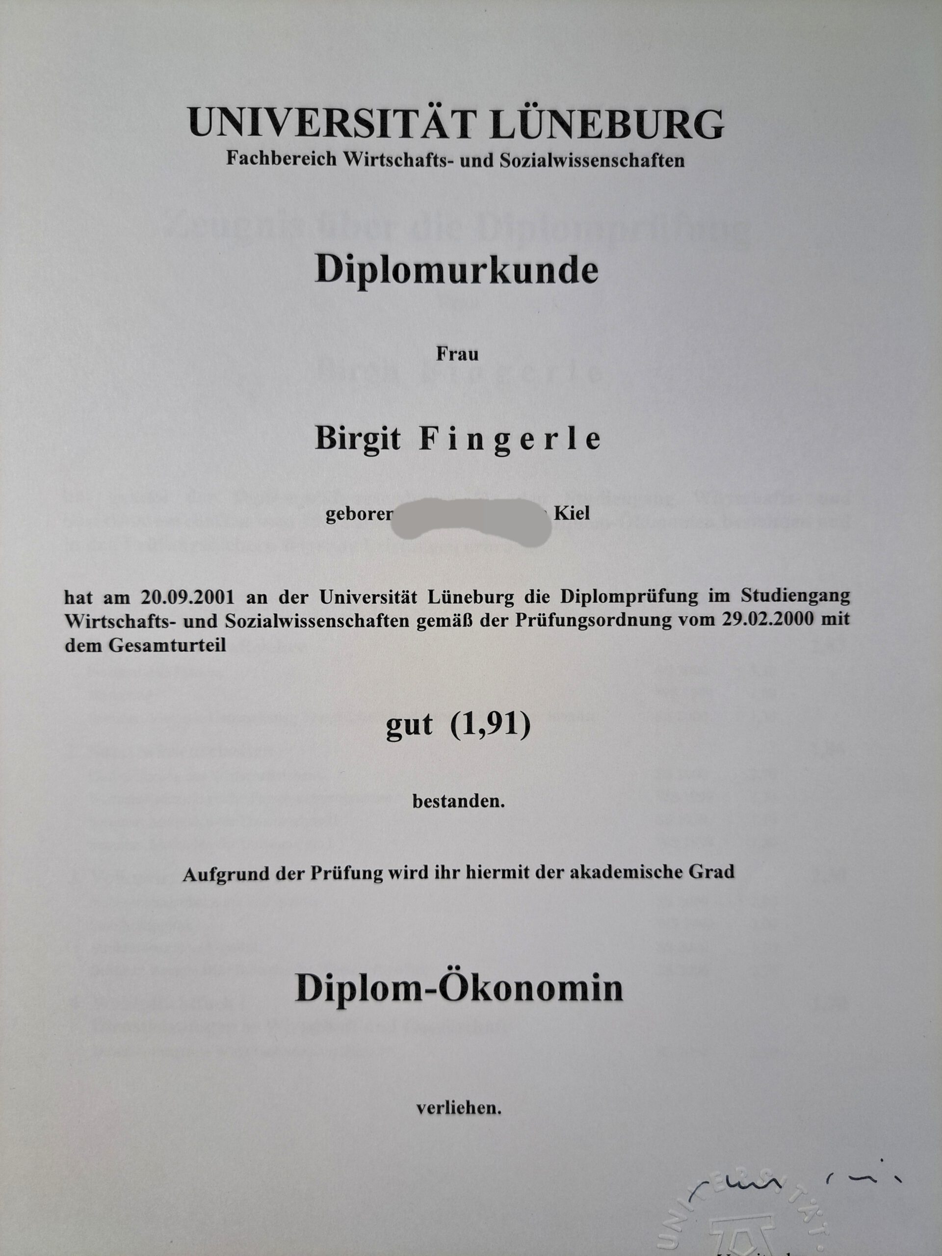 Diplom-Urkunde für das abgeschlossene Studium zur Diplom-Ökonomin